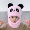 Panda Wool Beanie Cap with Attached Neck Warmer for Kids - Pink